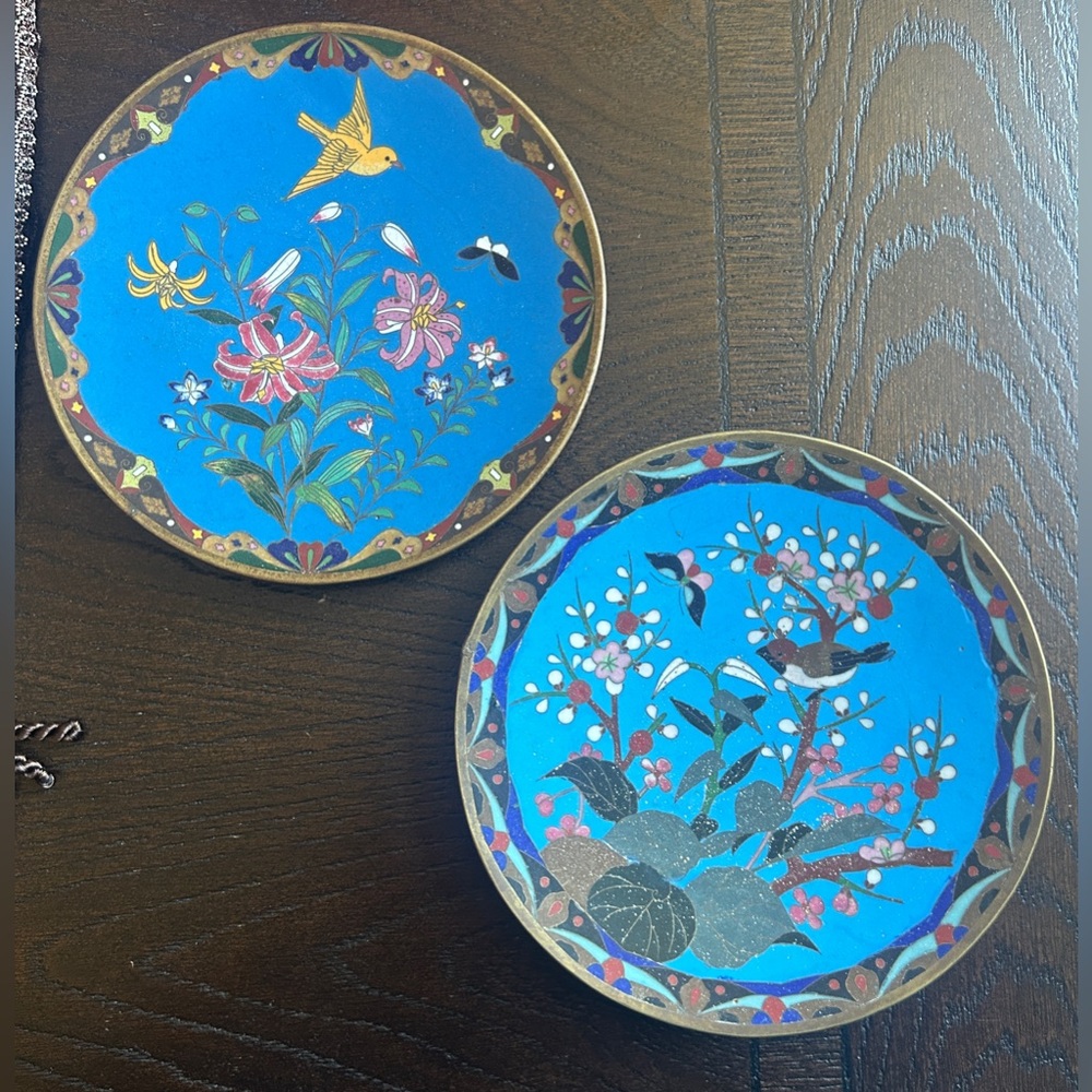 Pair Of  Antique Japanese Meiji Cloisonné Enameled Plates with Flowers & Bird